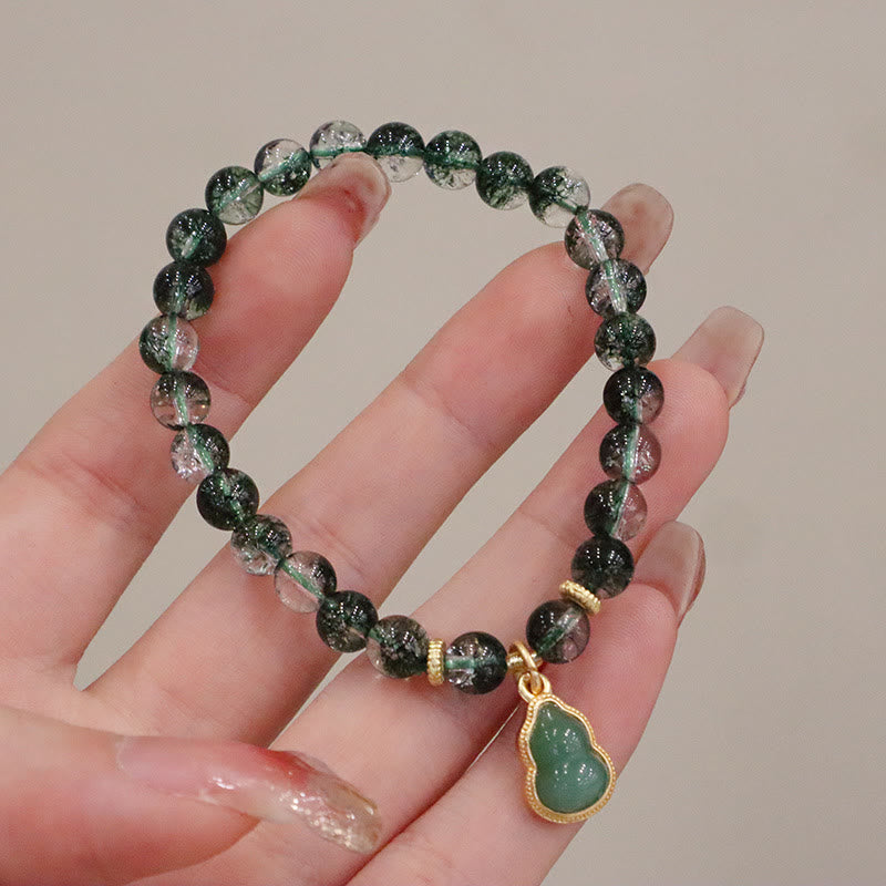 Natural Green Phantom Quartz Beaded Charm Bracelet with Buddha or Wu Lou Gourd