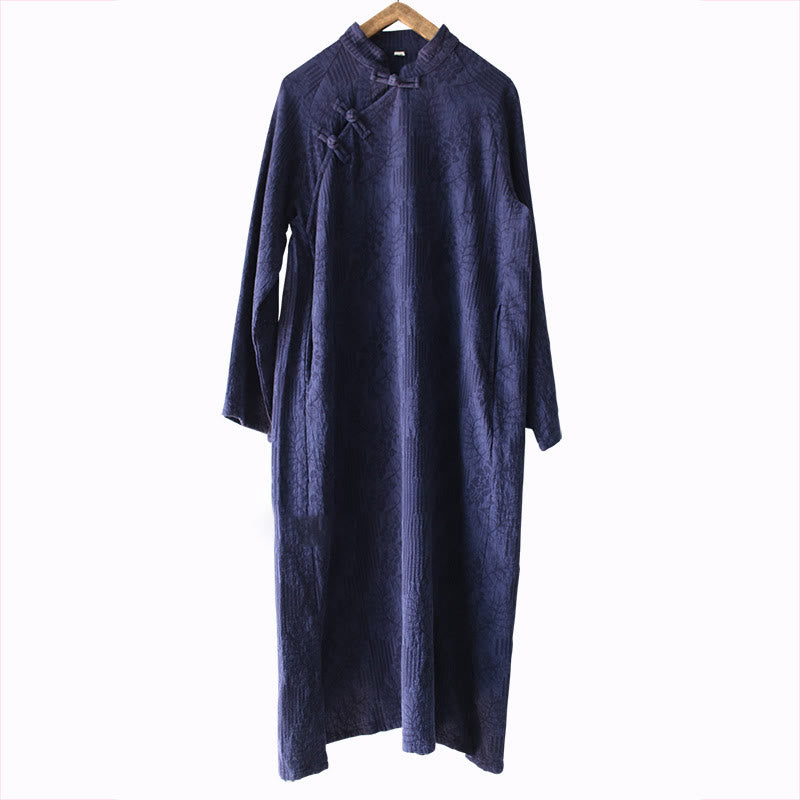 Flower Jacquard Midi Dress Long Sleeve Cotton Linen Dress Wide Leg Pants With Pockets