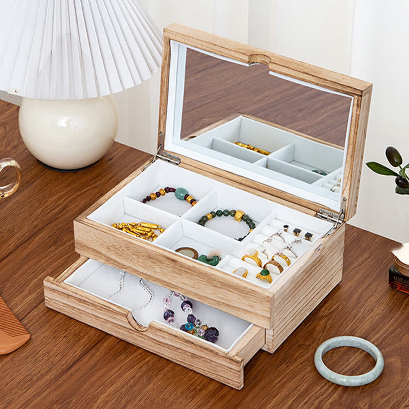Retro Beige Paulownia Wood Two-Layer Jewelry Storage Box with Mirror