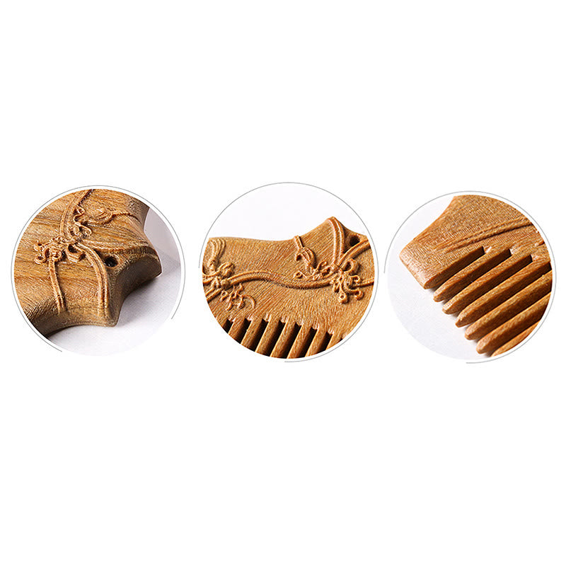 Green Sandalwood Flower Pattern Engraved Soothing Comb