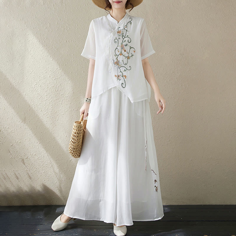 2Pcs Flower Embroidery Short Sleeve Tee T-shirt Wide Leg Pants Set