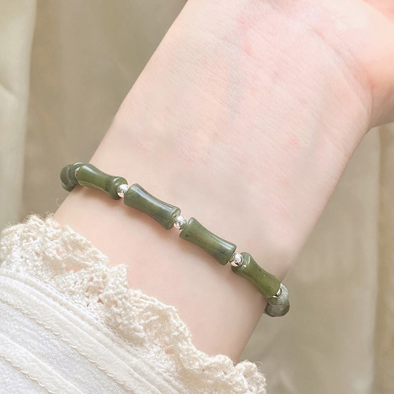 925 Sterling Silver Bamboo Jade Lucky Cat Fu Character Luck Abundance Bracelet