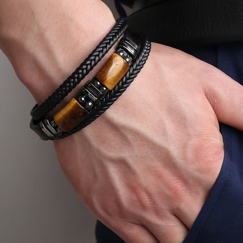 Tiger Eye Power Magnetic Buckle Multilayered Leather Bracelet