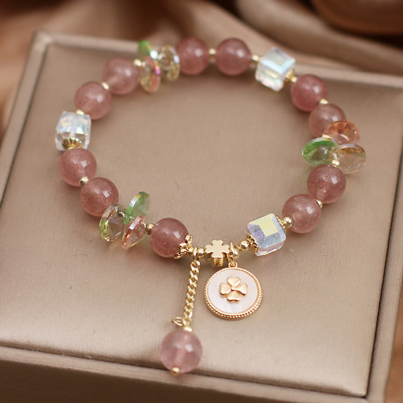 Strawberry Quartz Lucky Four Leaf Clover Healing Charm Bracelet