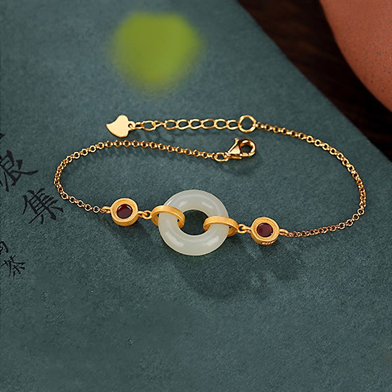 925 Sterling Silver Plated Gold Natural Hetian Jade Peace Buckle Red Agate Luck Bracelet