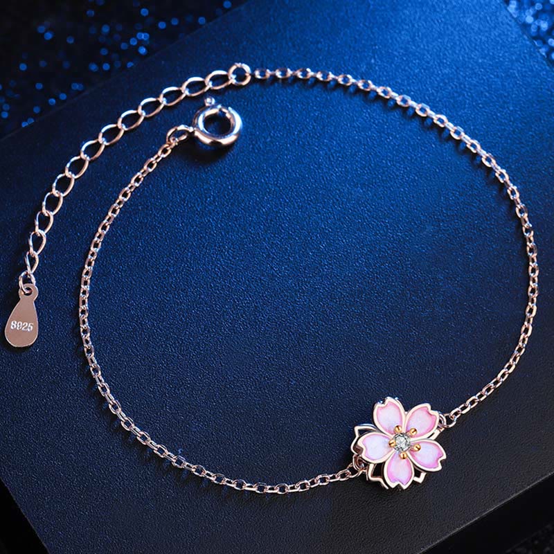 925 Sterling Silver Cherry Blossom Blessing Chain Bracelet Rotatable Ring