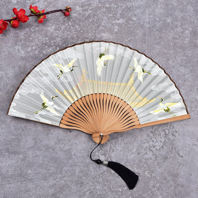 Vintage Cloud Crane Pattern Handheld Bamboo Folding Fan