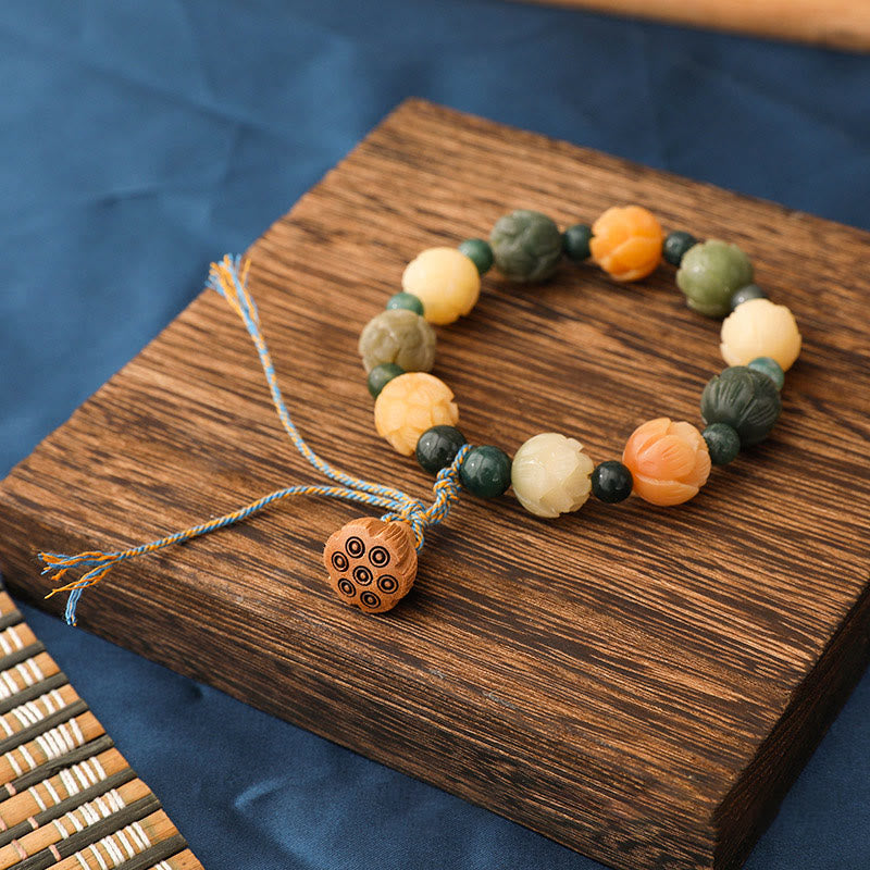 Bodhi Seed Lotus Bead Engraved Moss Agate Peace Calm Bracelet