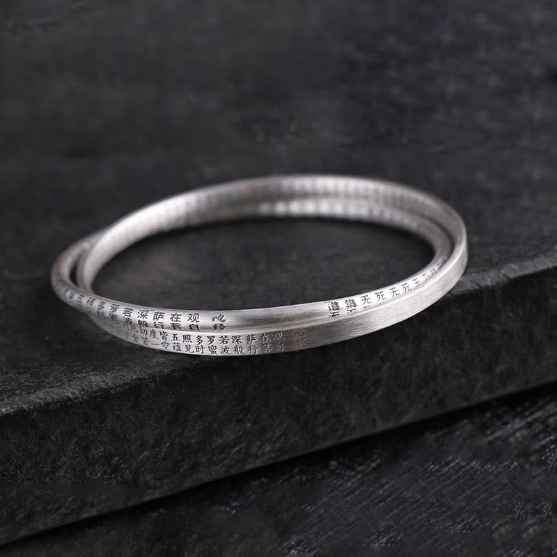 999 Sterling Silver Hand-Carved Heart Sutra Bangle Bracelet