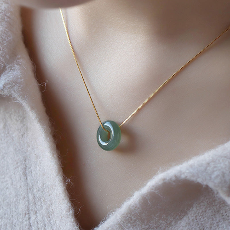 Natural Round Jade Ping An Kou 925 Sterling Silver Gold Plated Pendant Necklace