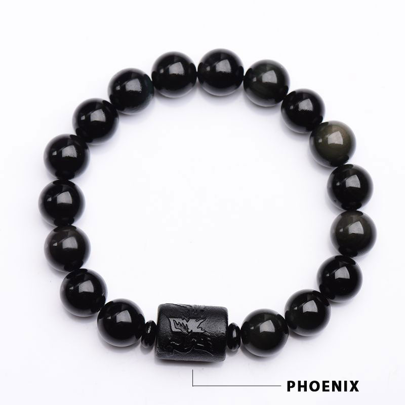 Carved Black Obsidian Dragon and Phoenix Beaded Energy Bracelet