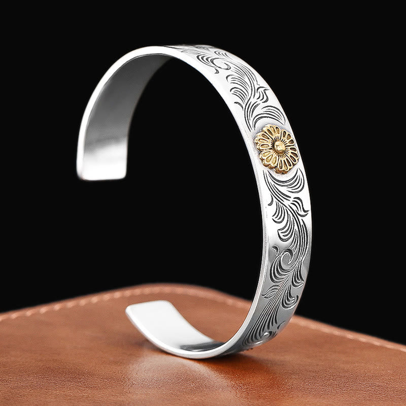 Carved Copper Tang Dynasty Floral Bangle with Lotus Rose and Feather Detail
