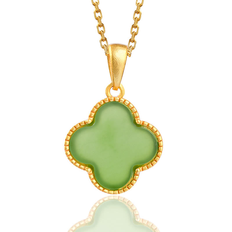 925 Sterling Silver Natural Hetian Jade Luck Four Leaf Clover Necklace Pendant