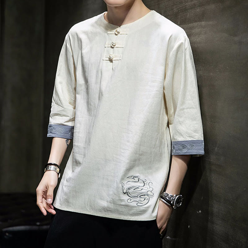 Frog-Button Dragon Embroidery Chinese Tang Suit Three Quarter Sleeve Shirt Cotton Linen Men Clothing