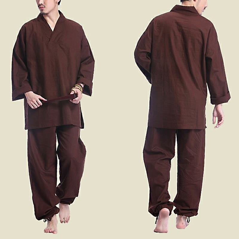 Meditation Prayer V-neck Design Cotton Linen Spiritual Zen Practice Yoga Clothing Men's Set
