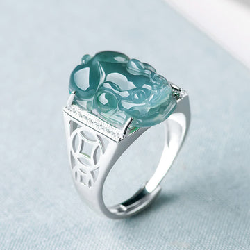 925 Sterling Silver Fengshui Wealth Prosperity Jade PiXiu Luck Ring