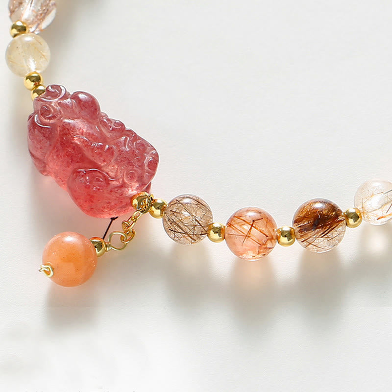 Hand-Assembled Natural Strawberry Quartz & Copper Pixiu Beaded Bracelet