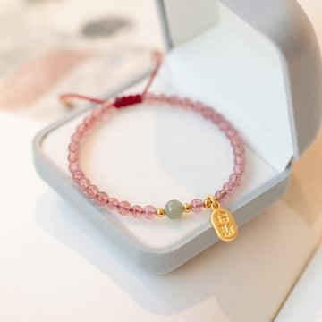 Natural Jade & Strawberry Quartz Garnet Fu Prosperity Character Beaded Bracelet