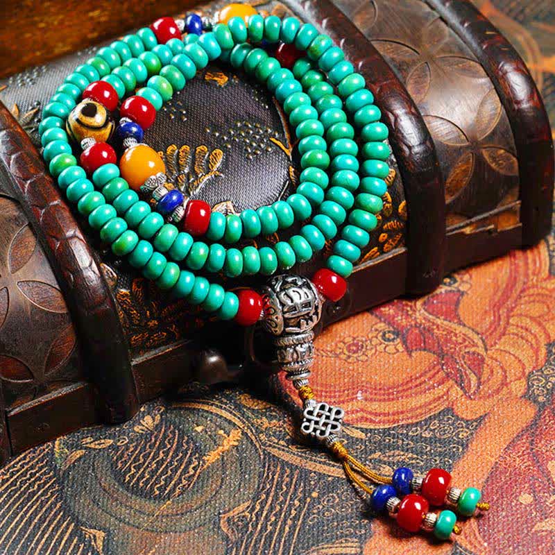 108 Tibetan Turquoise Amber and Dzi Bead Meditation Mala Bracelet