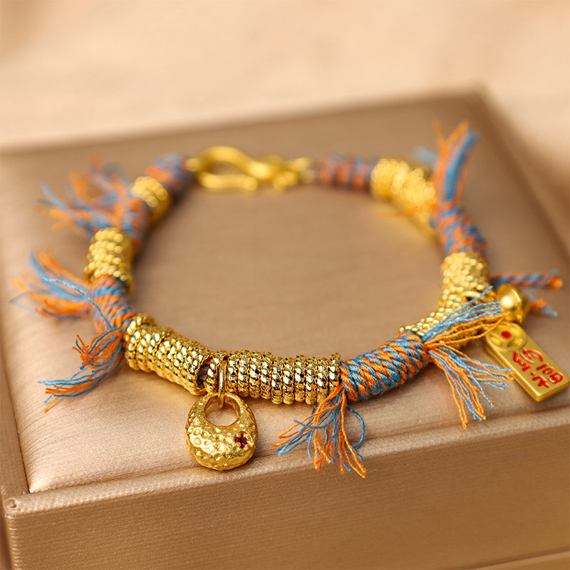 Handmade Tibetan Multicolored Rope Braid Bracelet with Red String & Copper