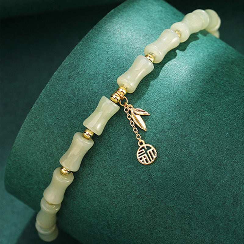 925 Sterling Silver Hetian Jade Bamboo Fu Character Prosperity Necklace Pendant Bracelet