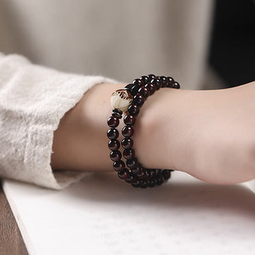 Carved Red Sandalwood and Lotus Bodhi Seed Double Wrap Bracelet
