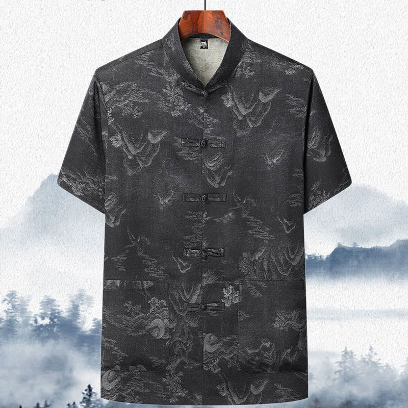 Mountains Trees Tang Suit Hanfu Traditional Uniform Short Sleeve Top Pants Clothing Men's Set