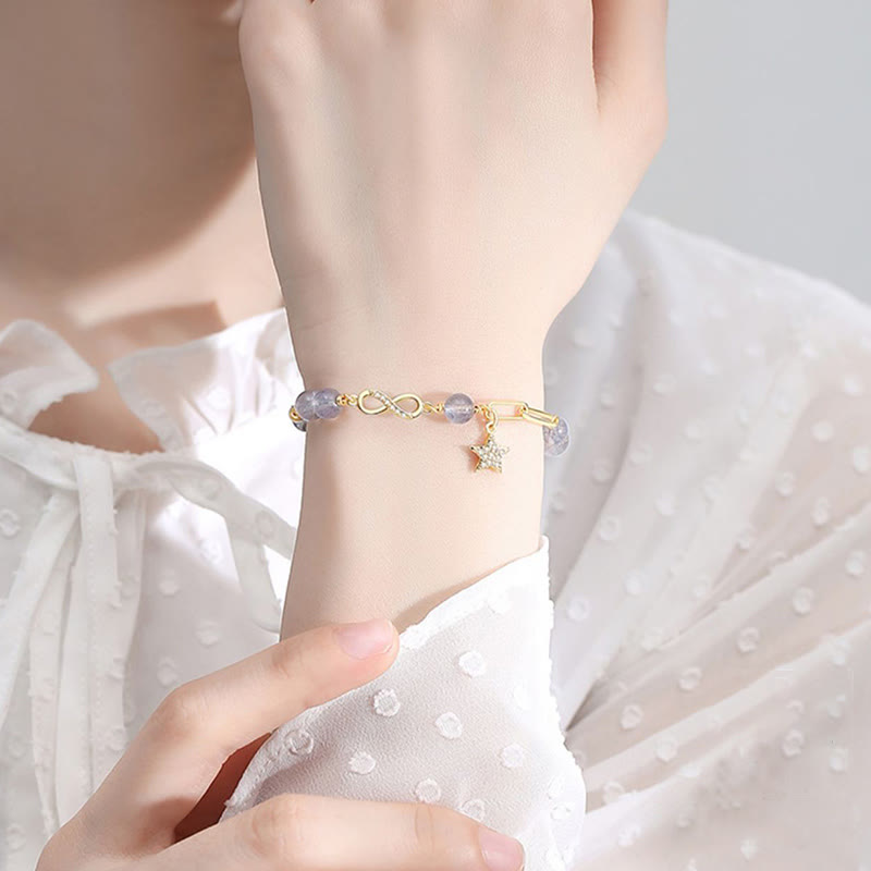 14K Gold Plated Möbius Loop Star Natural Moonstone or Strawberry Quartz Bracelet
