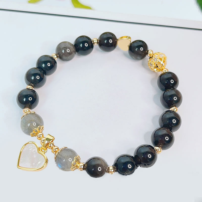 Natural Silver Sheen Obsidian Love Heart Star Flower Protection Bracelet
