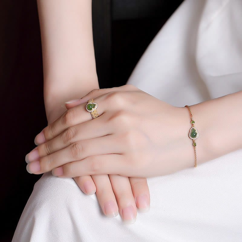 925 Sterling Silver Plated Gold Natural Hetian Cyan Jade Gourd Luck Bracelet Ring Set