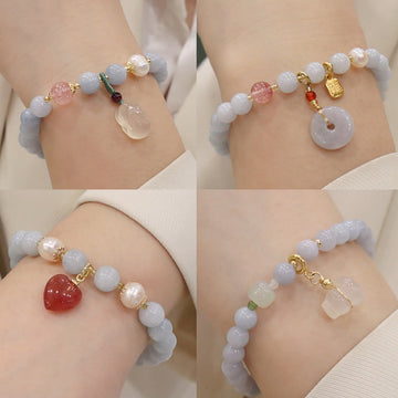 Natural Aquamarine & Chalcedony Beaded Charm Bracelet with Pearl & Symbolic Accents