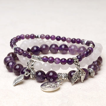 3PCS Natural Gemstone Beaded Lotus Charm Bracelet Set
