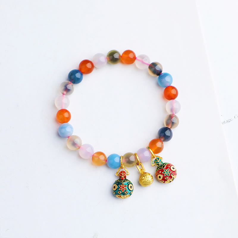 Handmade Candy Agate and Gold Pixiu Peach Charm Beaded Bracelet