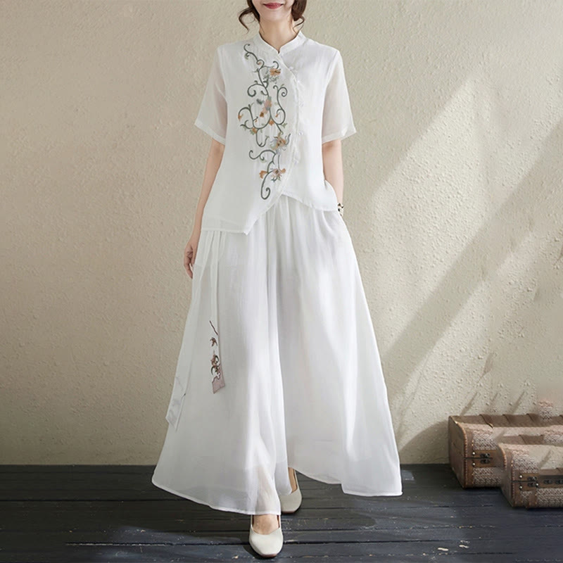 2Pcs Flower Embroidery Short Sleeve Tee T-shirt Wide Leg Pants Set