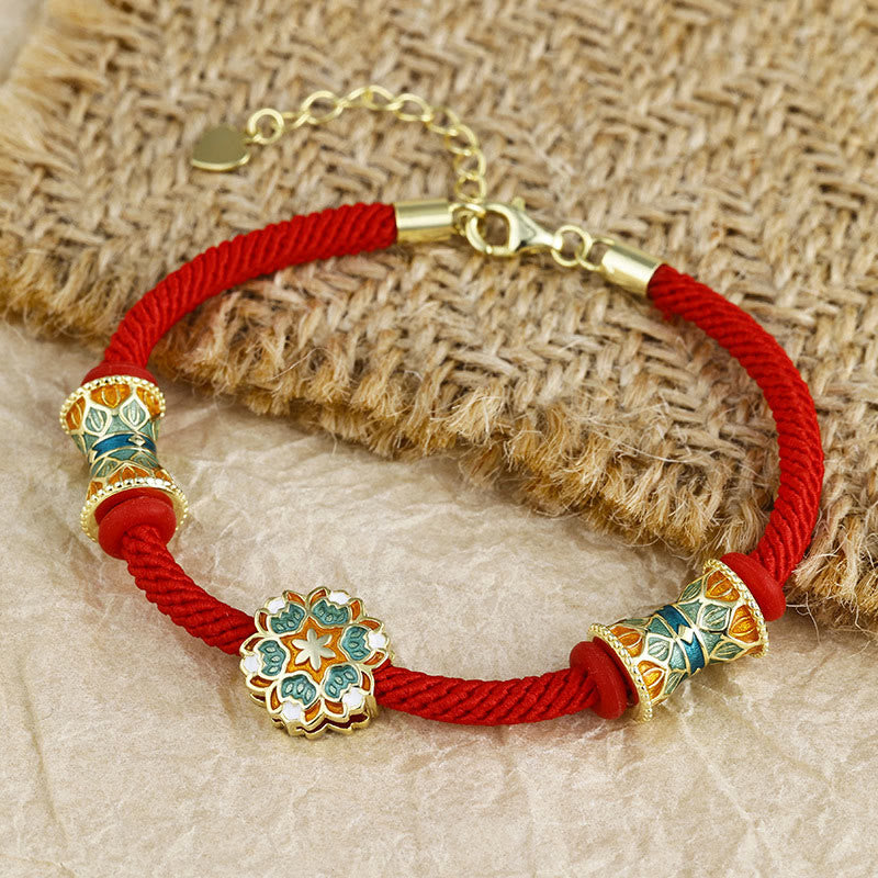 Dunhuang 925 Sterling Silver Lotus Drum Red String Bracelet for New Beginnings