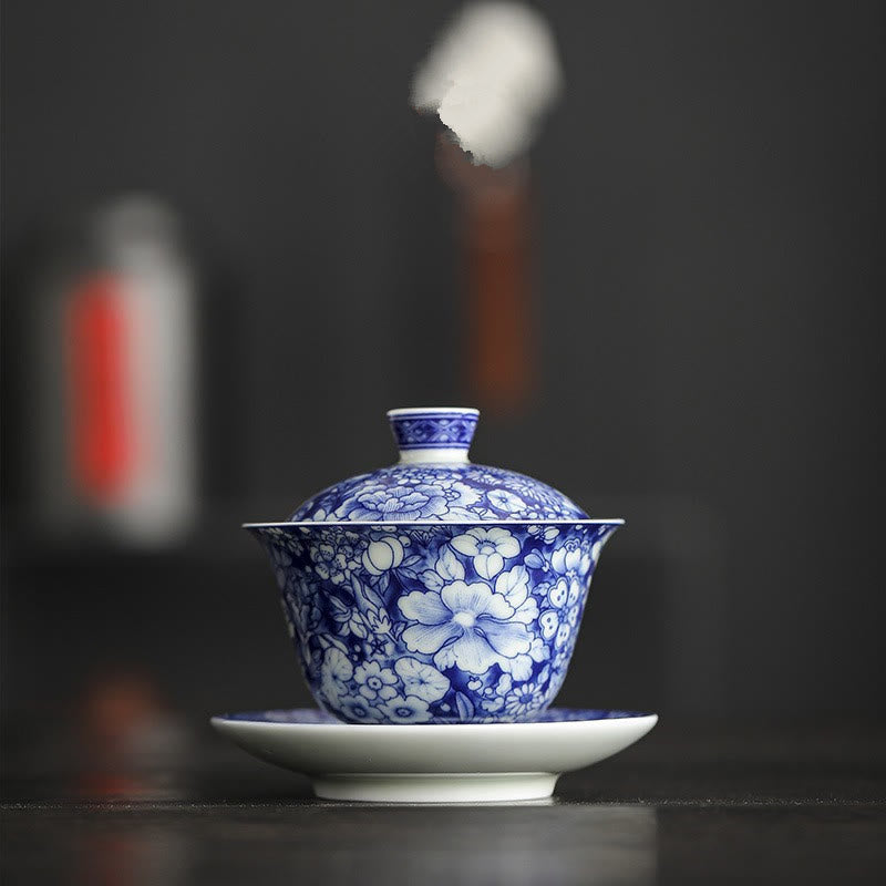 Vintage Blue And White Porcelain Ceramic Gaiwan Sancai Teacup Kung Fu Tea Cup And Saucer With Lid