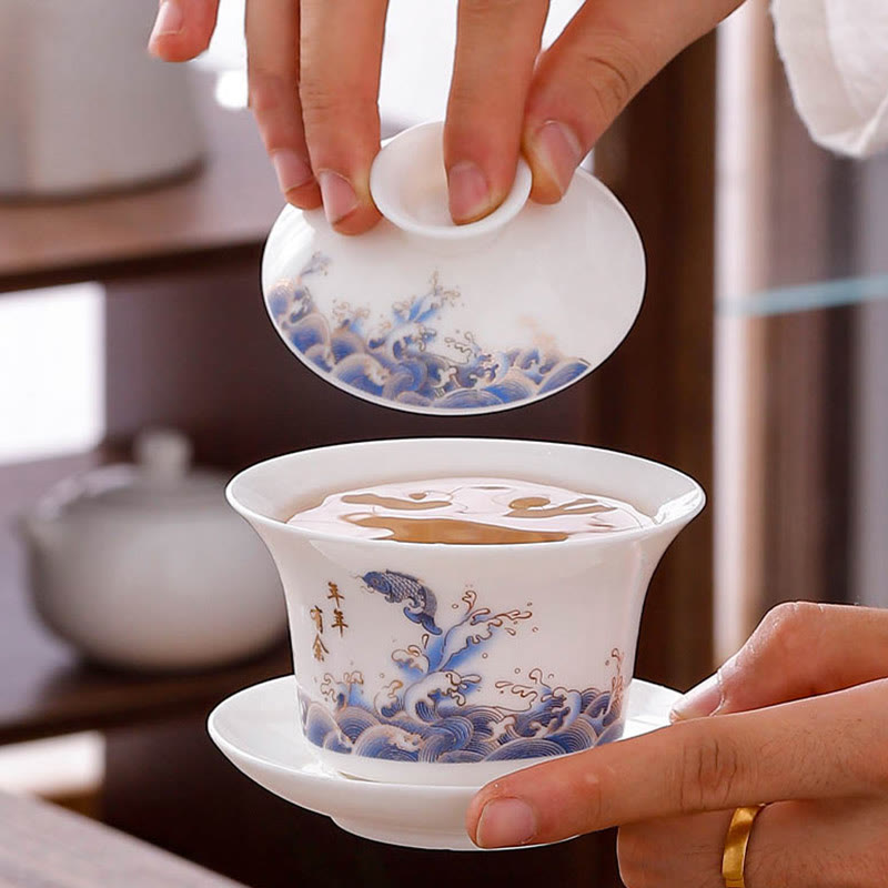 White Porcelain Mountain Landscape Countryside Ceramic Gaiwan Teacup Kung Fu Tea Cup And Saucer With Lid