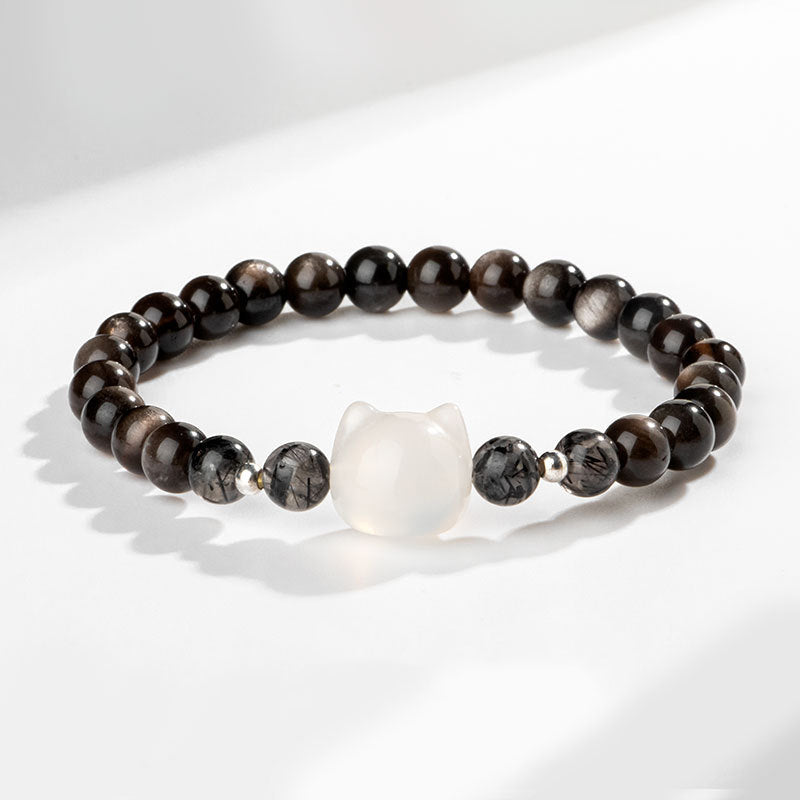 Natural Silver Sheen Obsidian Cute Cat Head Protection Bracelet