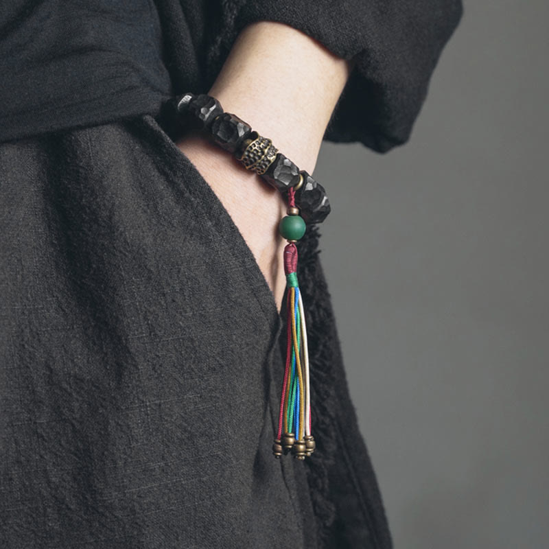 Tibetan Ebony Wood and Copper Peace Tassel Agate Wrist Mala