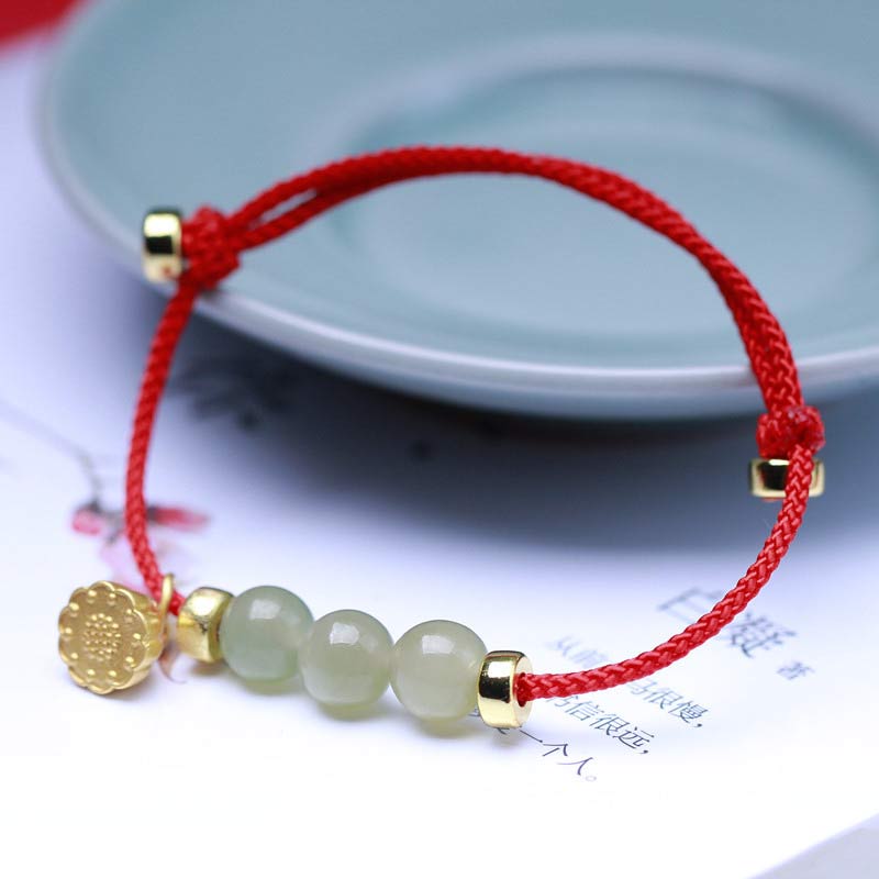 Handmade Natural Jade Lotus Seed Woven Red String Adjustable Bracelet