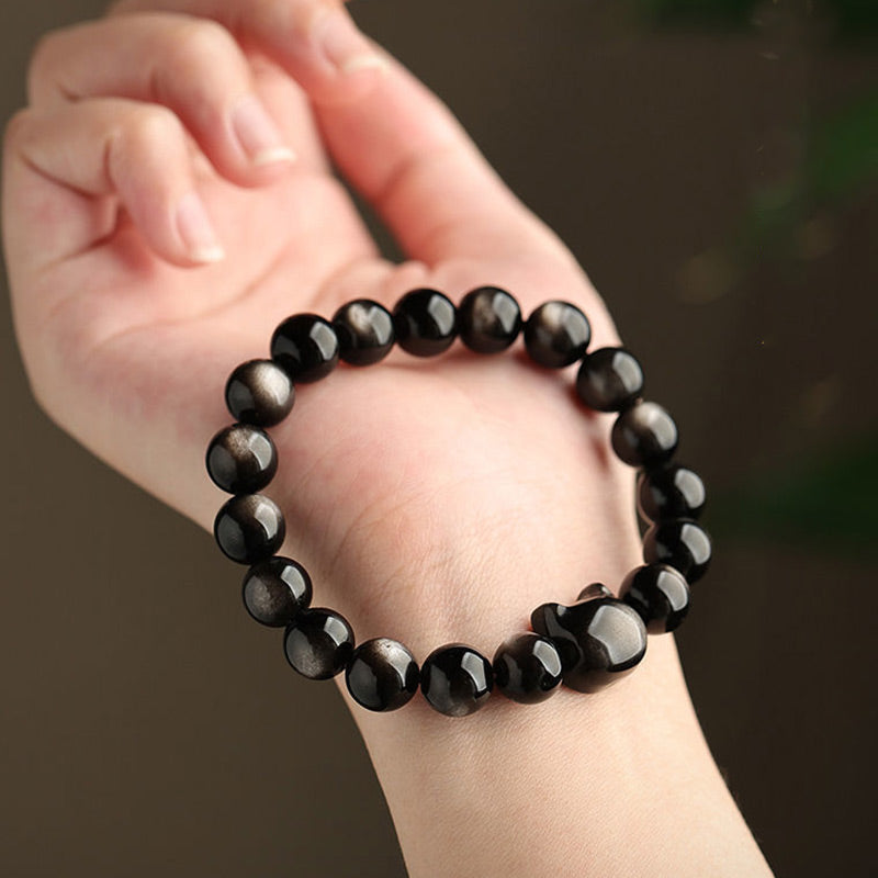 Gold Sheen Obsidian Silver Sheen Obsidian Lovely Paw Lucky Cat Protection Bracelet