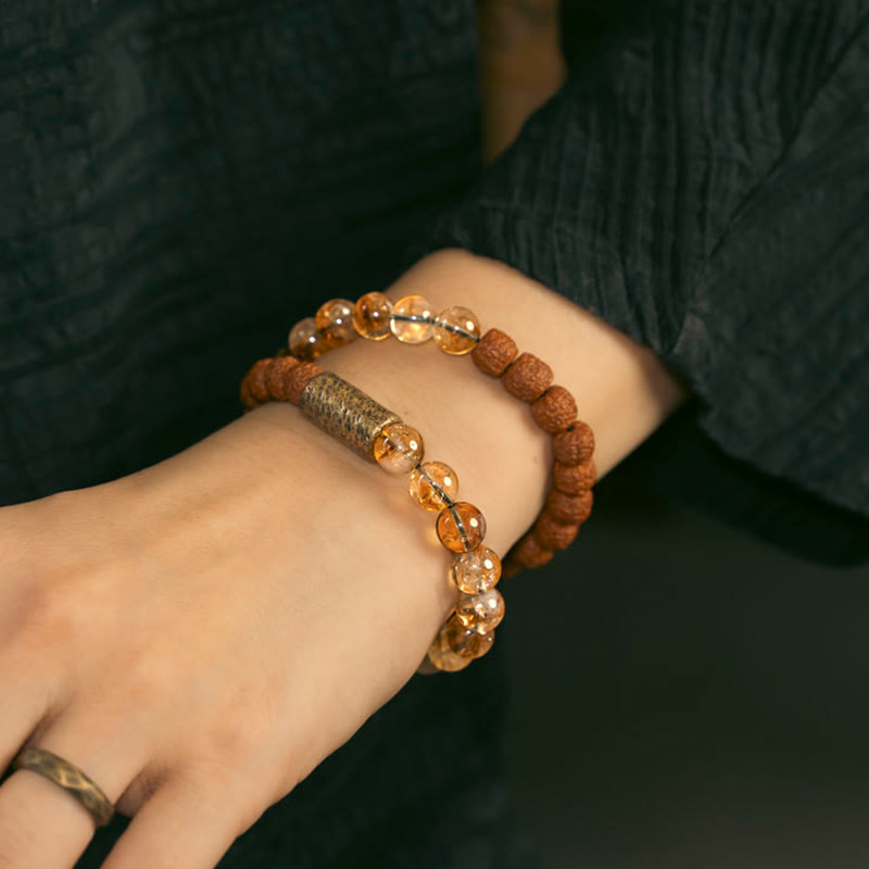 Natural Citrine Crystal Rudraksha Bodhi Seed Brass Bead Prosperity Double Wrap Bracelet