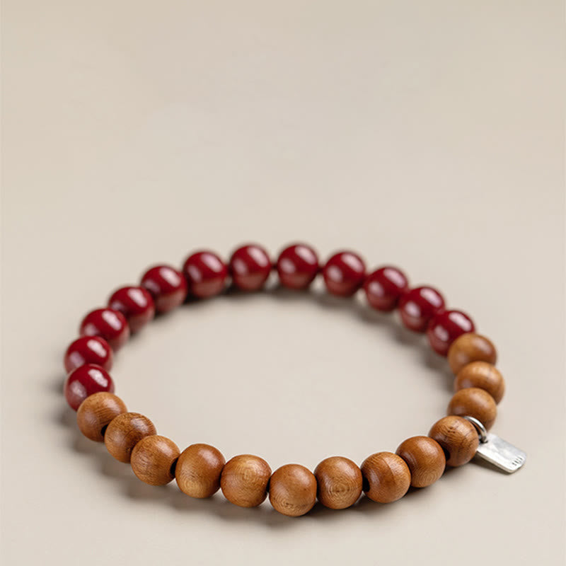 Handmade 925 Sterling Silver Peach Wood and Cinnabar Beaded Stretch Bracelet