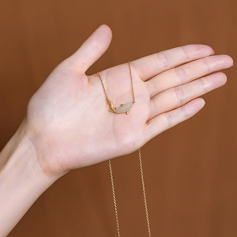 925 Sterling Silver White Jade Dolphin Luck Necklace Pendant