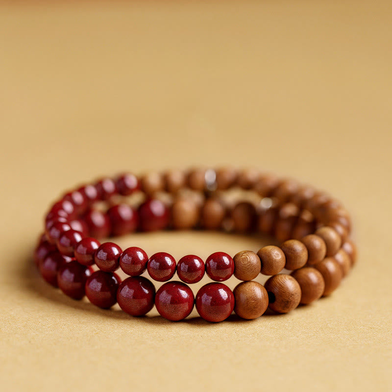Handmade 925 Sterling Silver Peach Wood and Cinnabar Beaded Stretch Bracelet
