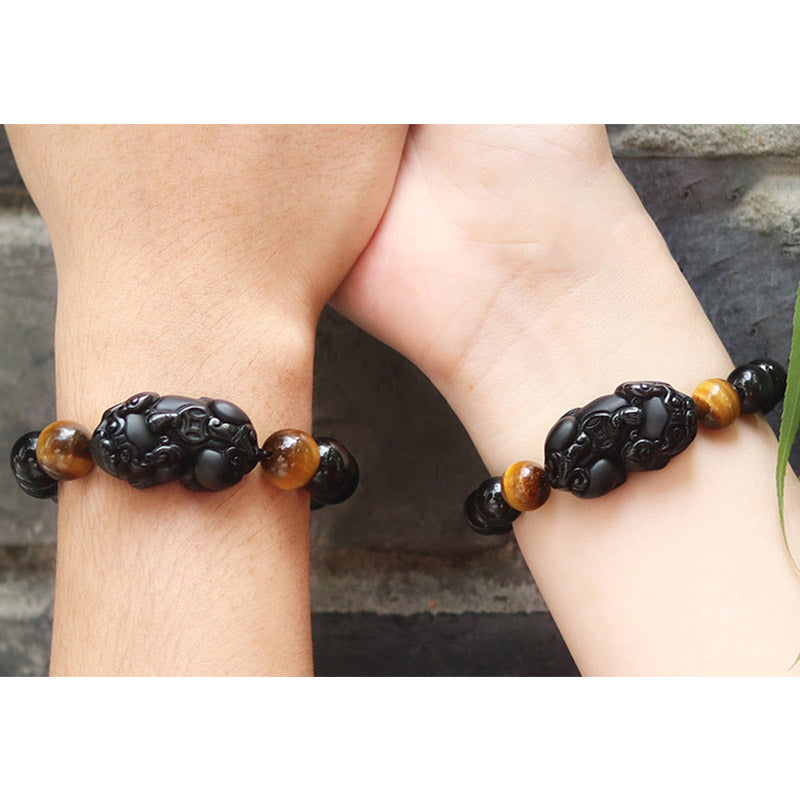 Handmade Rainbow Obsidian & Tiger Eye Pixiu Unisex Beaded Bracelet