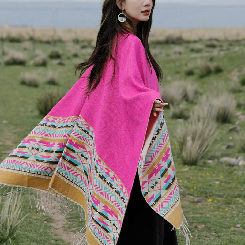 Tibetan Shawl Colorful Geometry Winter Cozy Travel Scarf Wrap