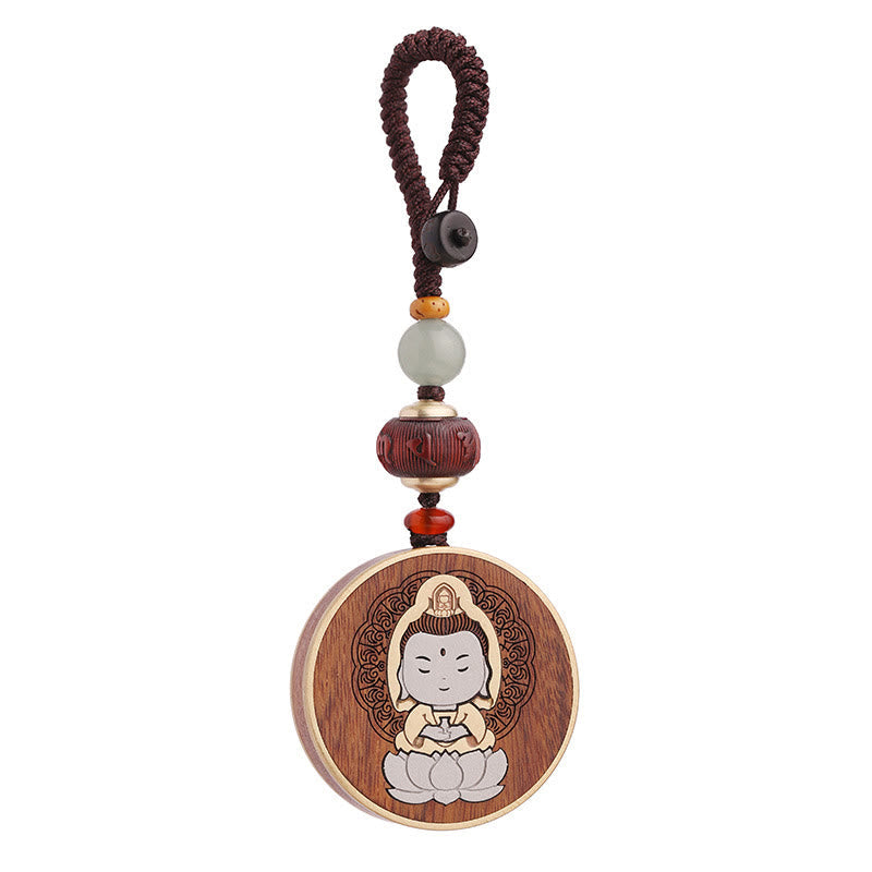 Ebony Wood Rosewood Buddha Avalokitesvara Om Mani Padme Hum Balance Car Key Chain Decoration