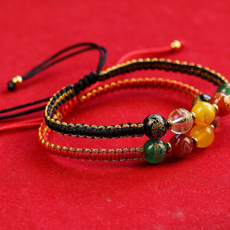 Handmade Five Directions Agate & Onyx Gold Copper Braided Red String Bracelet