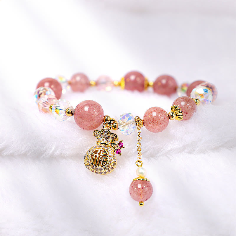 Natural Strawberry Quartz Crystal Beaded Bracelet with Carved Money Bag Charm